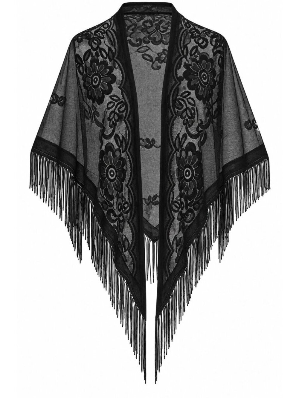 Black Floral Lace Triangle Shawl Fringe Sheer Evening Wedding Formal Wrap